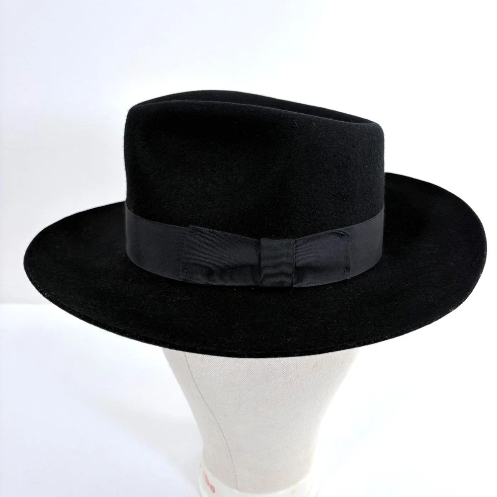 Scala Classico Fedora Black Wool Felt Wide Brim Grosgrain Ribbon Mens Hat Medium